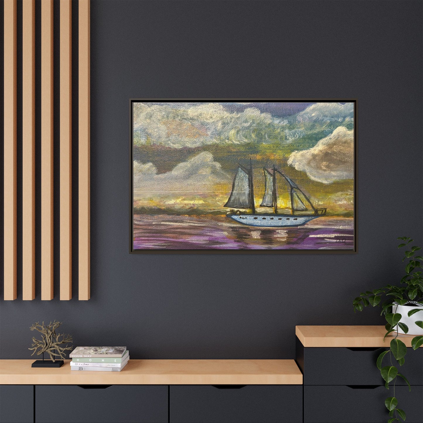 Framed Matte Canvas Sailboat Painting — Serene Seascape Wall Art