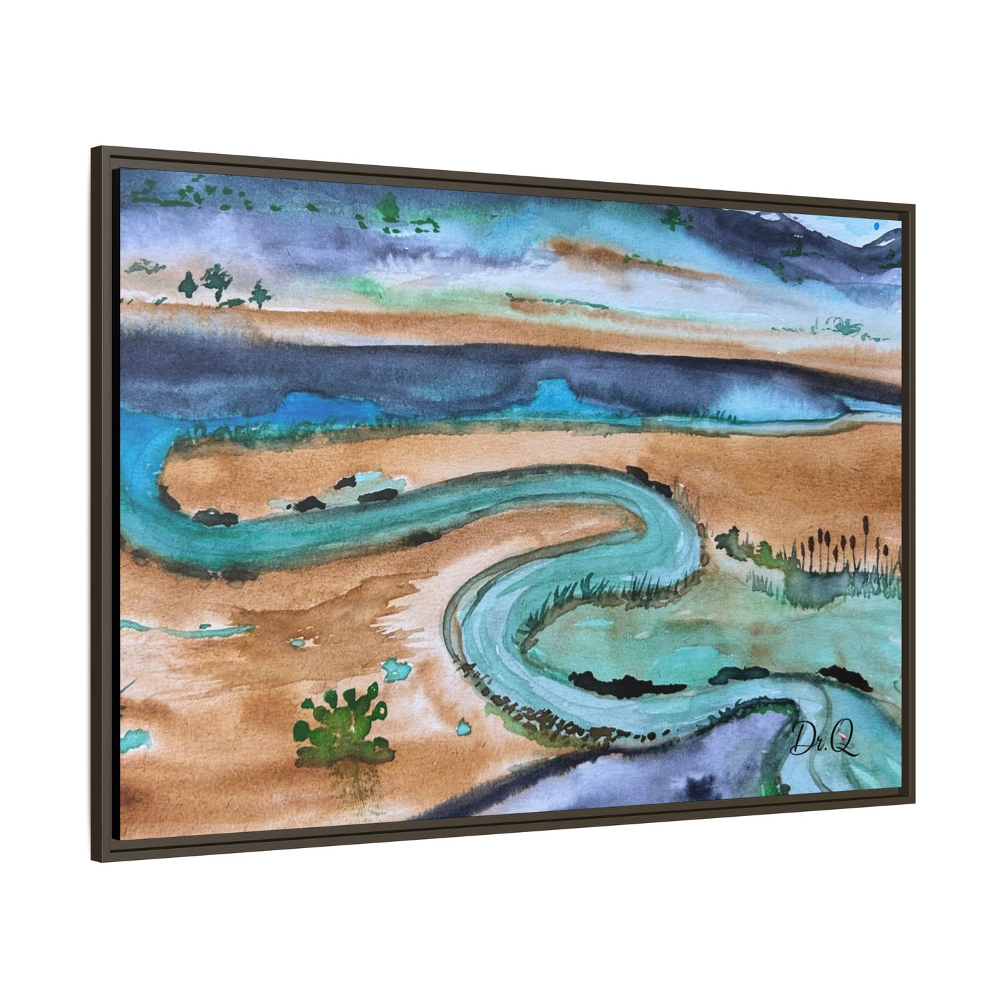 Winding River by Dr. Q - Framed Matte Canvas Watercolor Wall Art