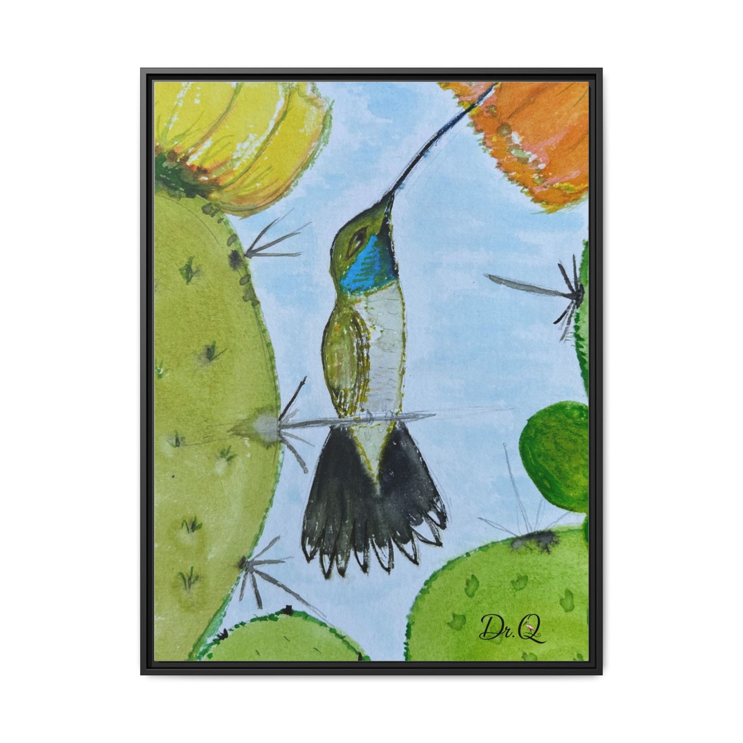 Framed Hummingbird Cactus Watercolor Print on Canvas by Dr. Q — Floral Desert Wall Art