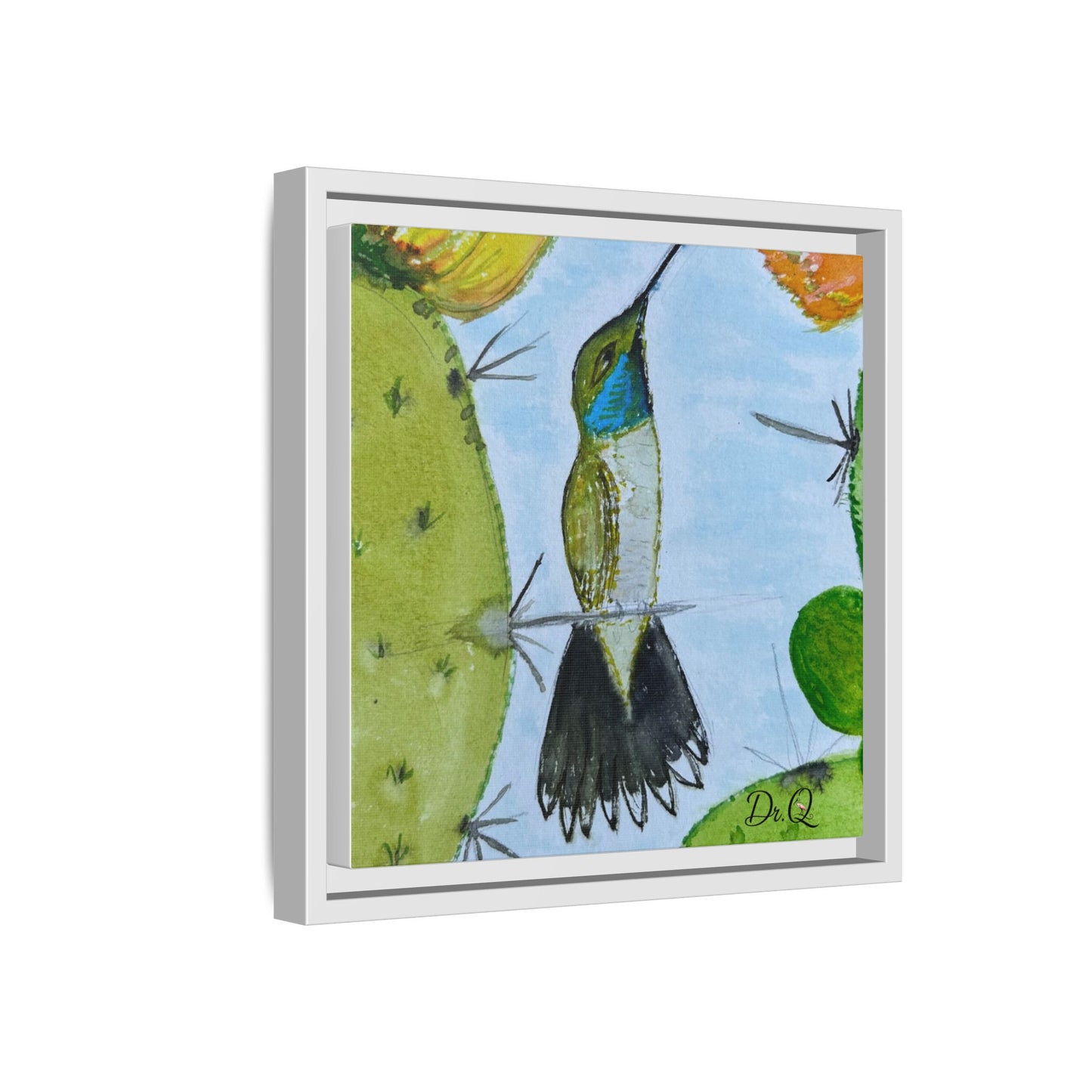 Framed Hummingbird Cactus Watercolor Print on Canvas by Dr. Q — Floral Desert Wall Art