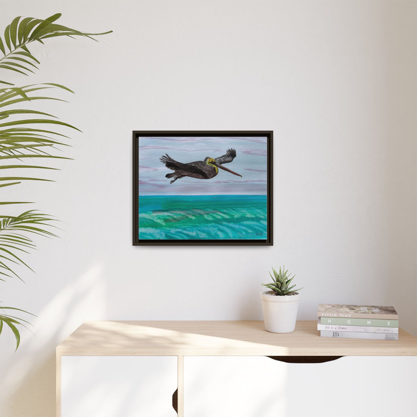 Brown Pelican Over Ocean Matte Framed Canvas Art