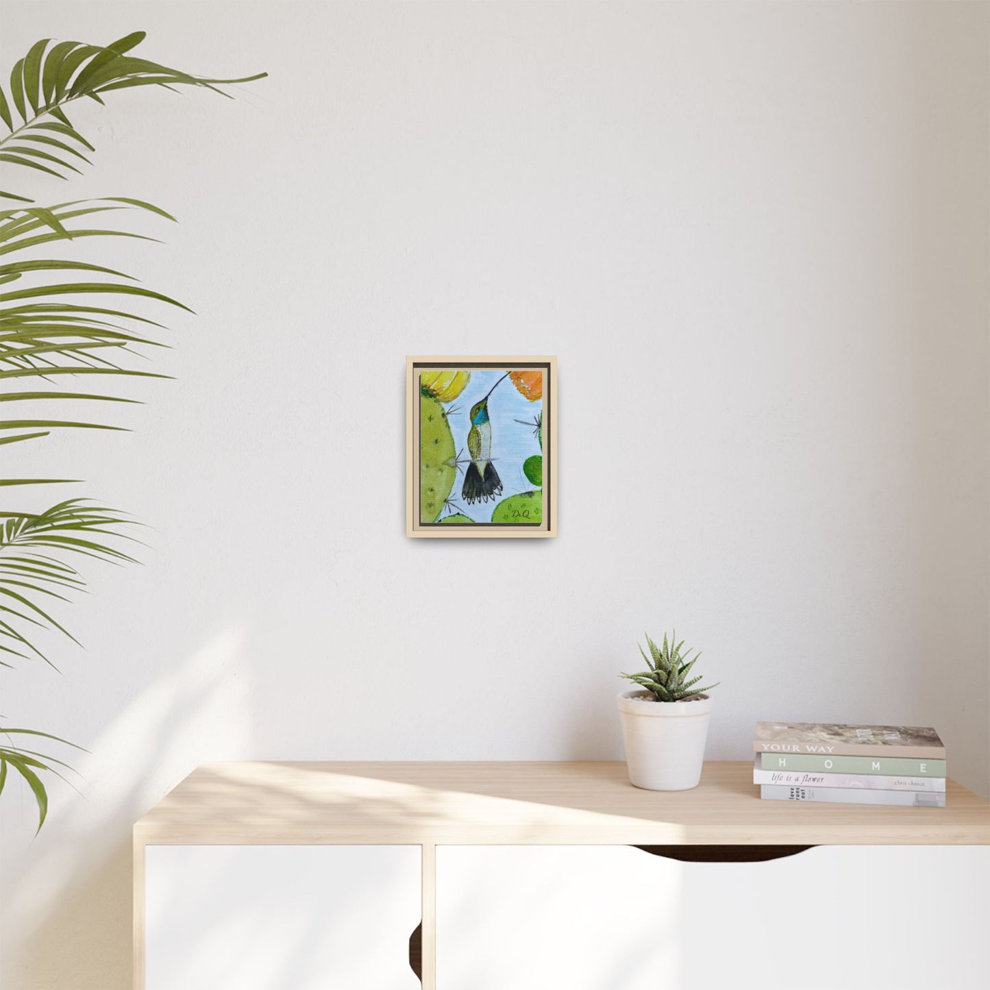Framed Hummingbird Cactus Watercolor Print on Canvas by Dr. Q — Floral Desert Wall Art