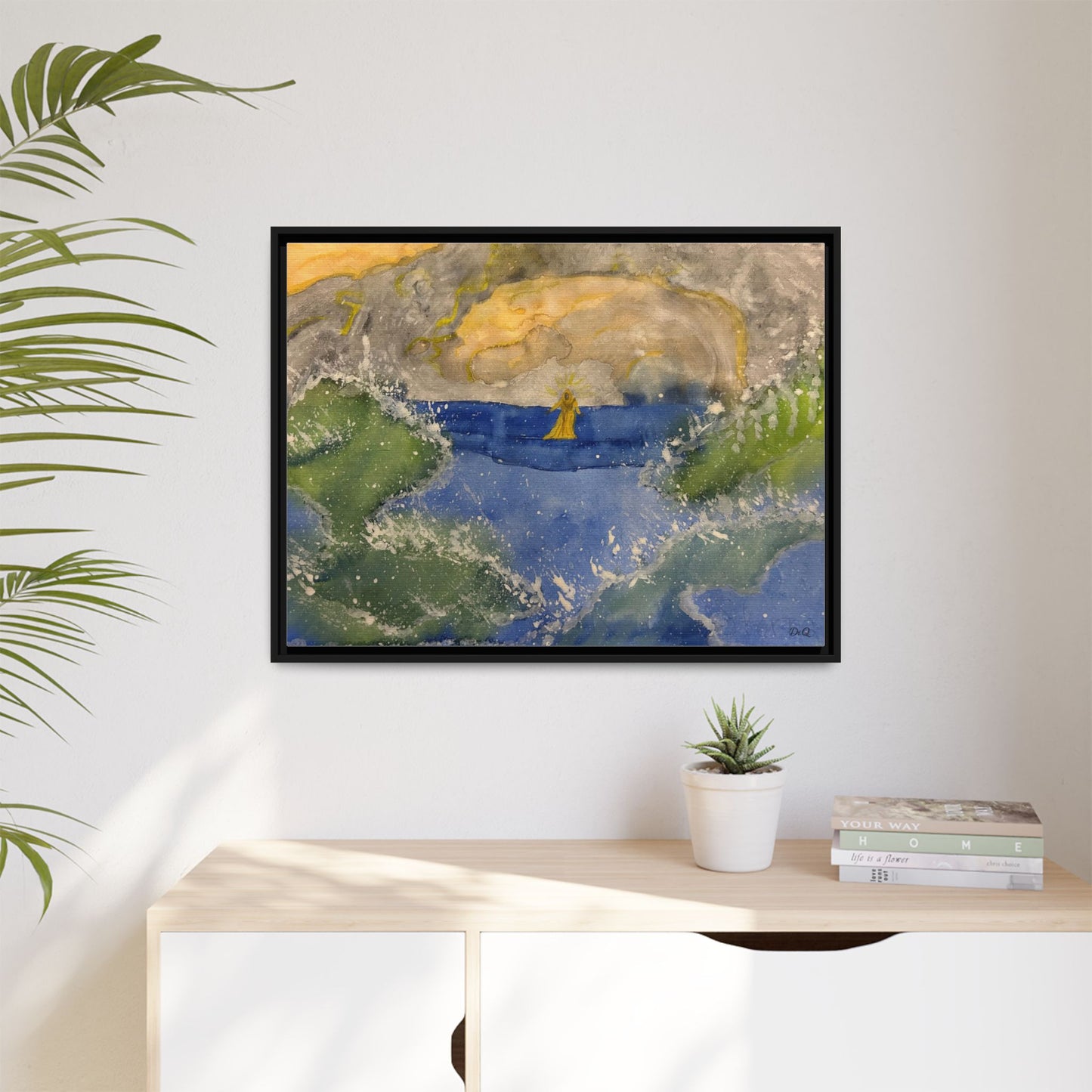 "Faith in the Storm" Framed Matte Canvas Seascape — Golden Sail at Sunset