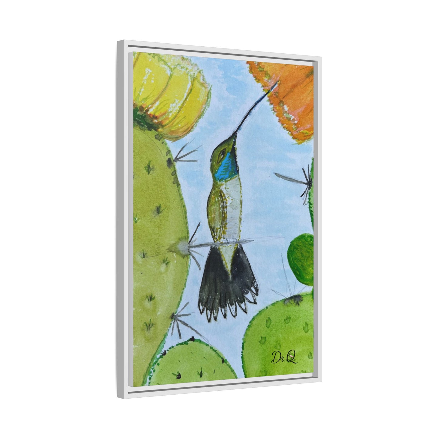 Framed Hummingbird Cactus Watercolor Print on Canvas by Dr. Q — Floral Desert Wall Art