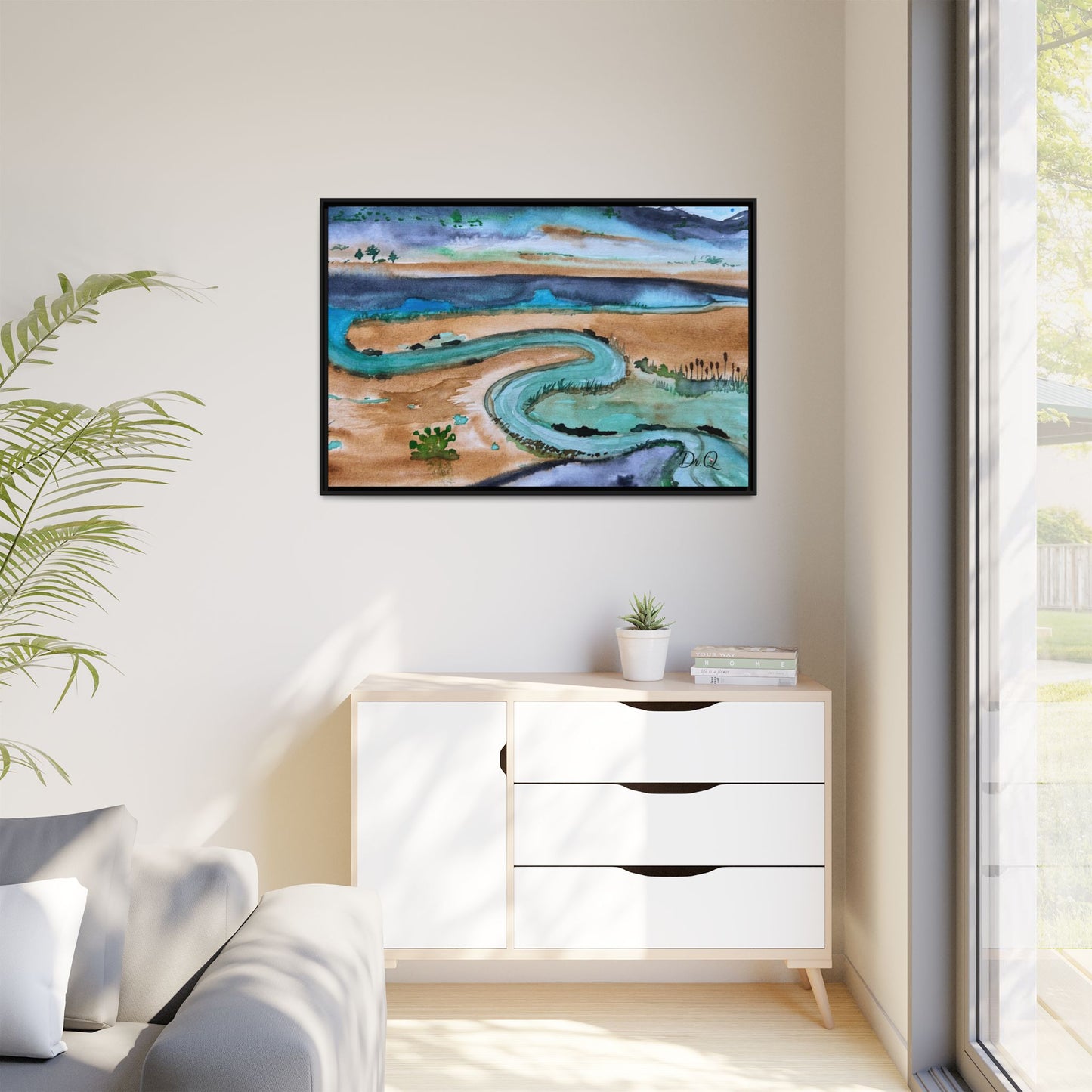 Winding River by Dr. Q - Framed Matte Canvas Watercolor Wall Art