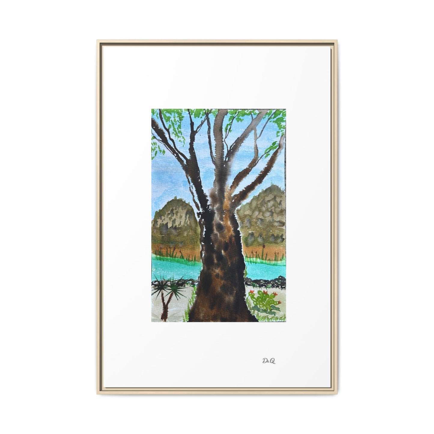 Tranquil Lakeside Tree Watercolor - Framed Matte Canvas Print by Dr. Q