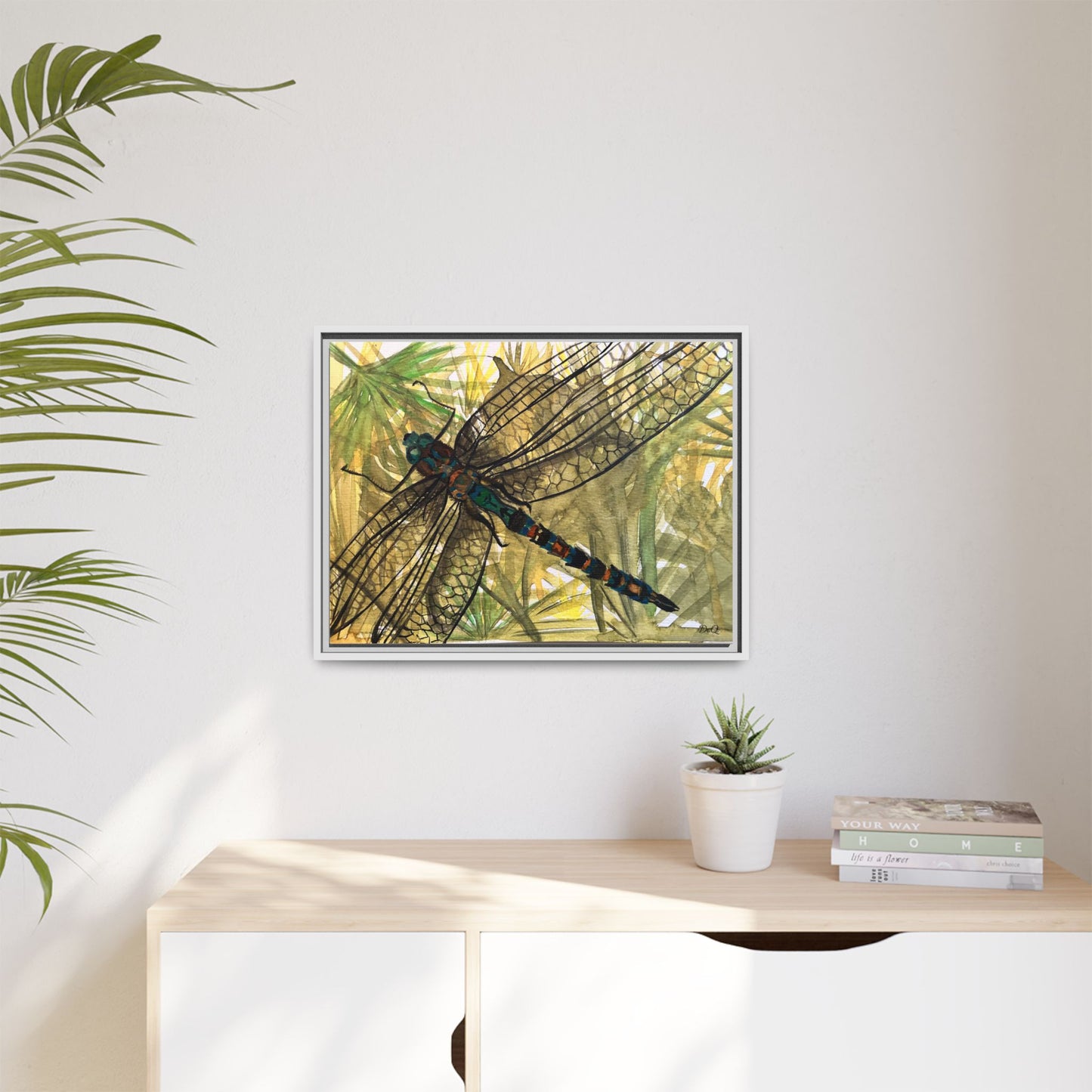 Dragonfly Framed Canvas Art — Botanical Watercolor Wall Decor