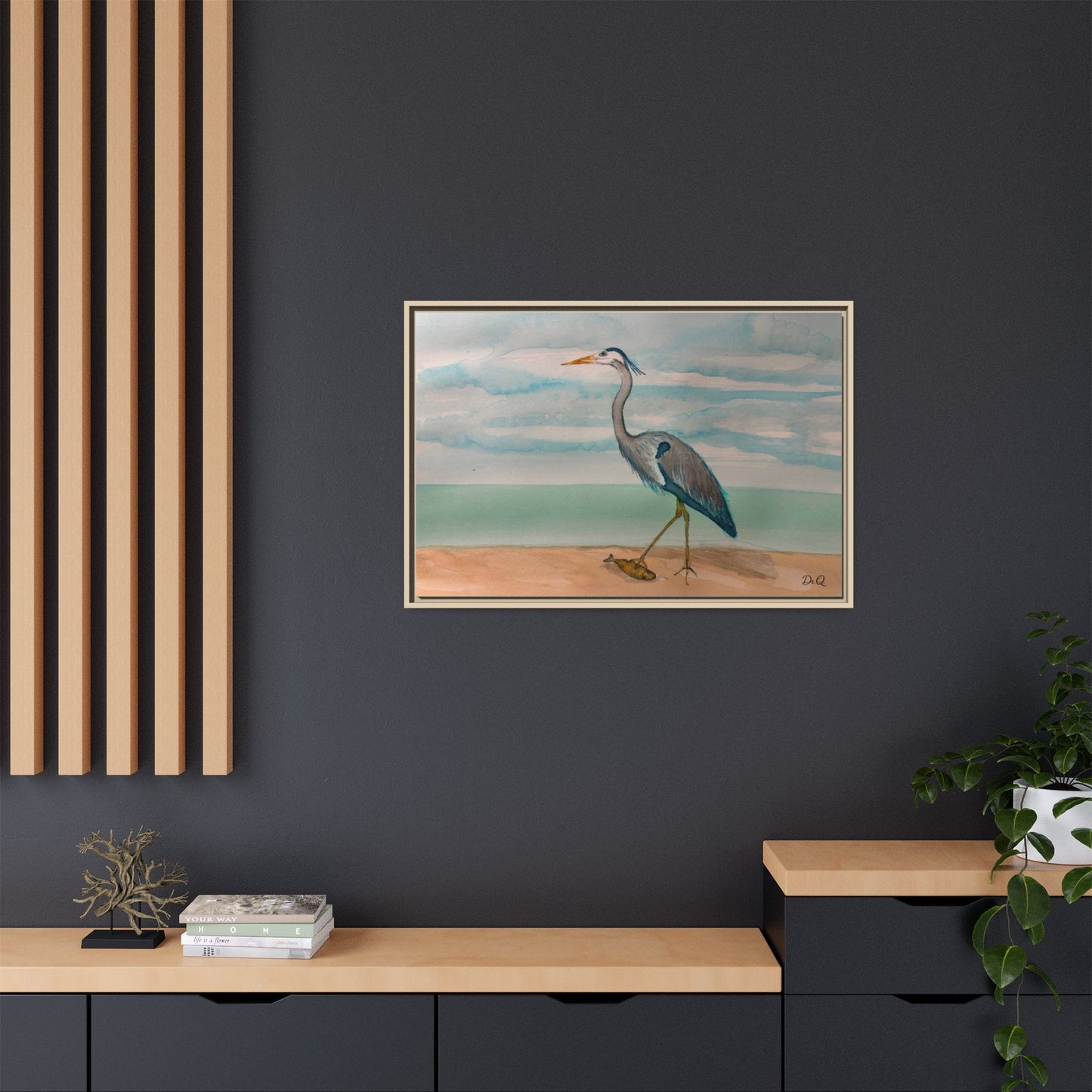 Framed Heron Beach Matte Canvas — Coastal Watercolor Wall Art