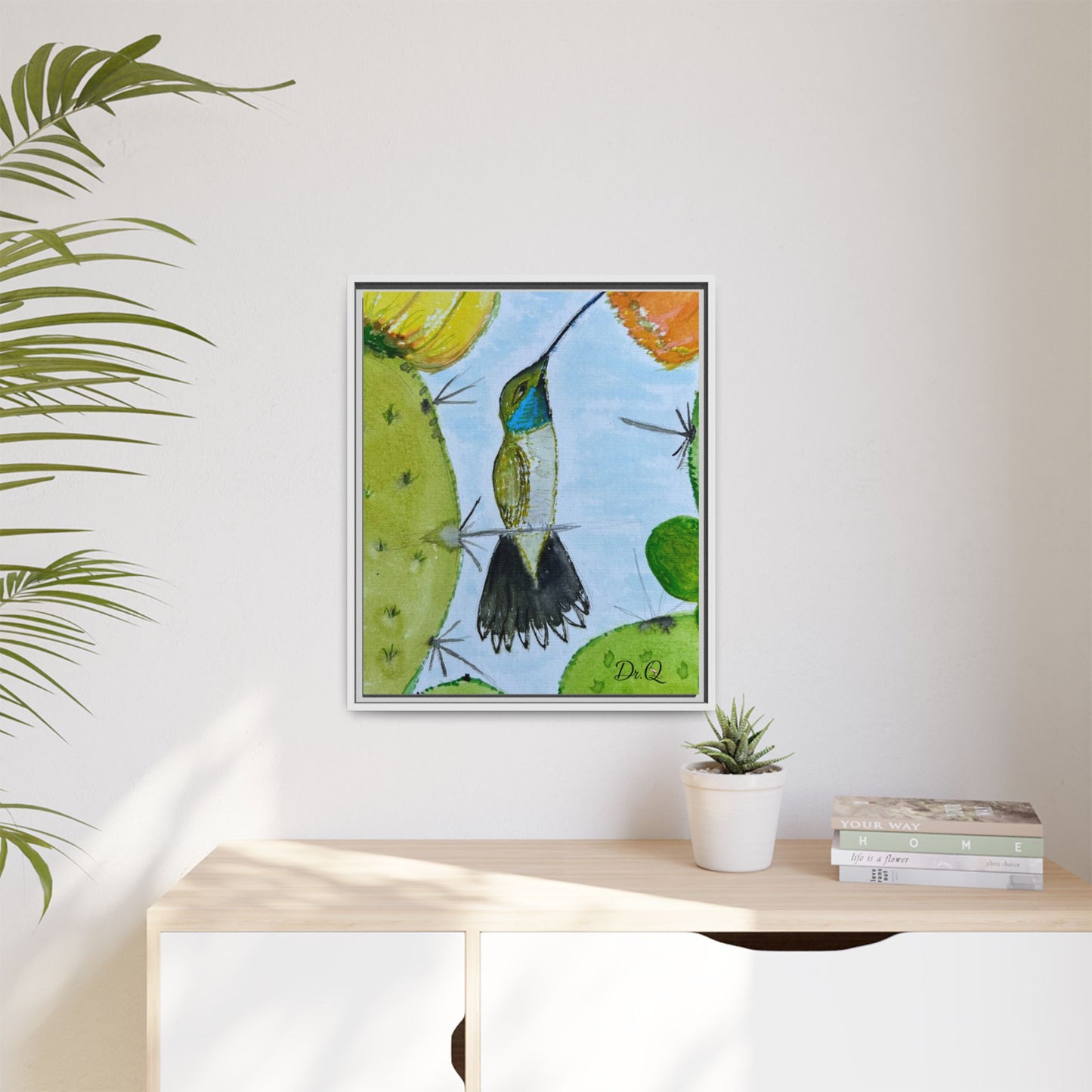 Framed Hummingbird Cactus Watercolor Print on Canvas by Dr. Q — Floral Desert Wall Art