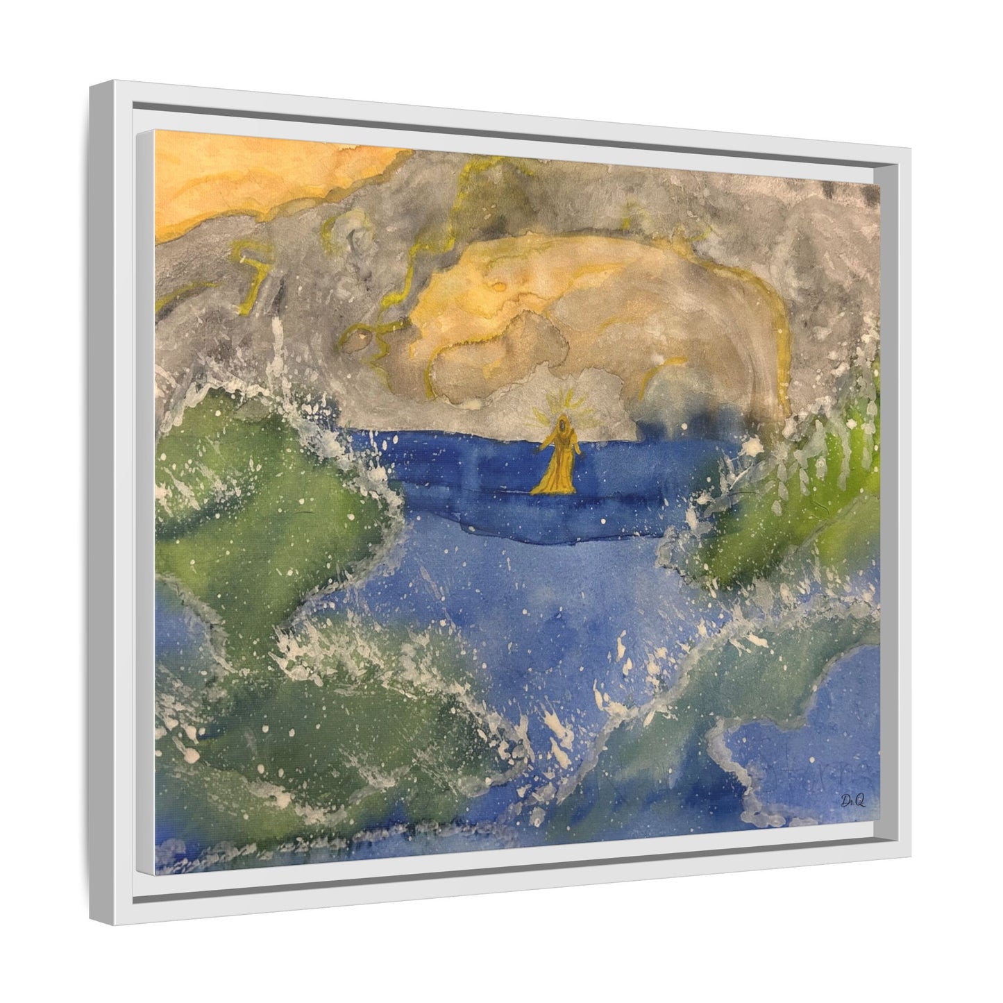 "Faith in the Storm" Framed Matte Canvas Seascape — Golden Sail at Sunset