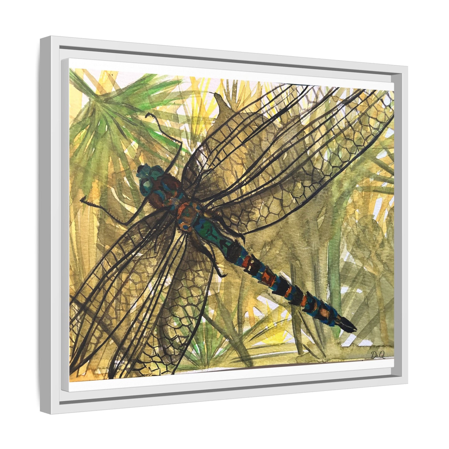 Dragonfly Framed Canvas Art — Botanical Watercolor Wall Decor
