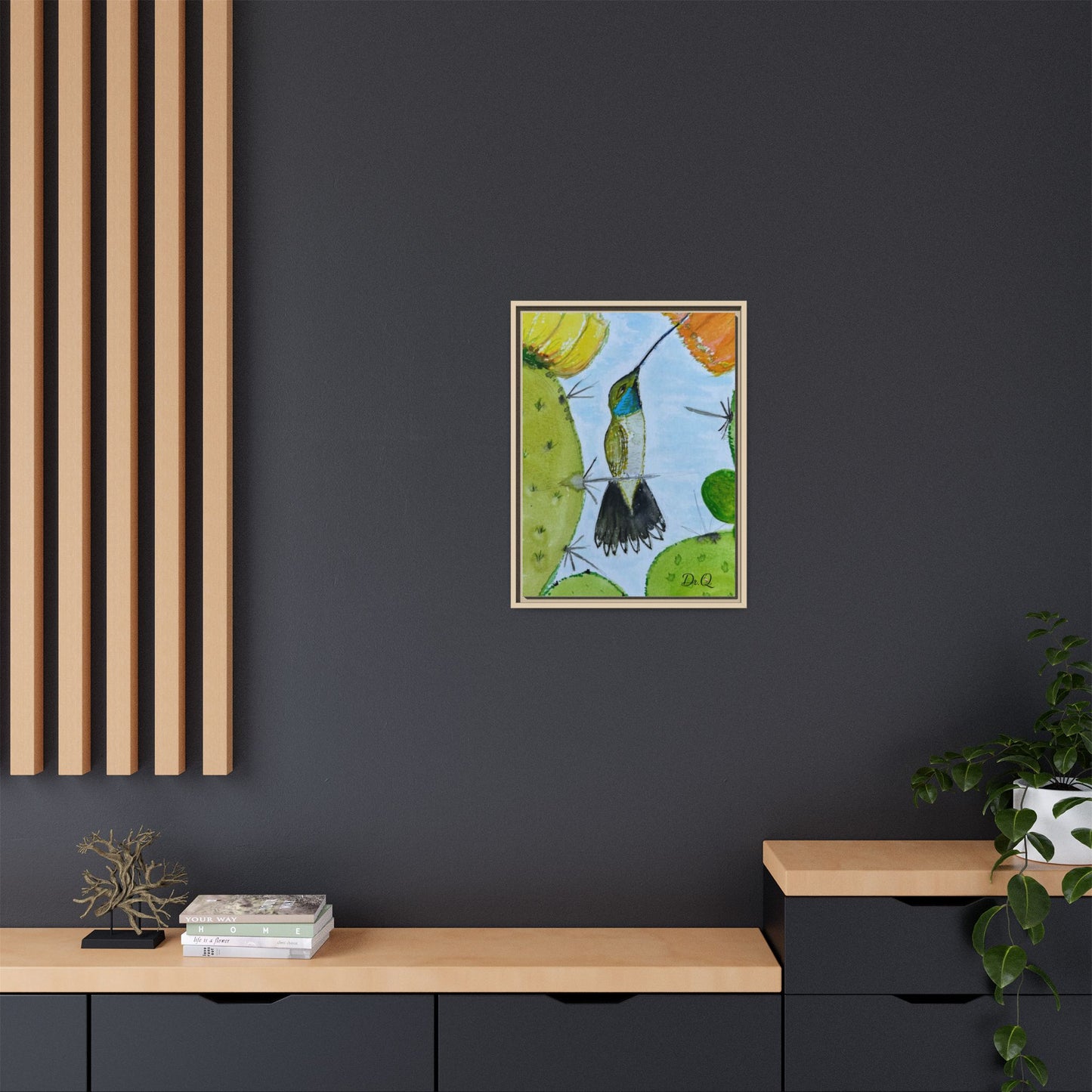 Framed Hummingbird Cactus Watercolor Print on Canvas by Dr. Q — Floral Desert Wall Art