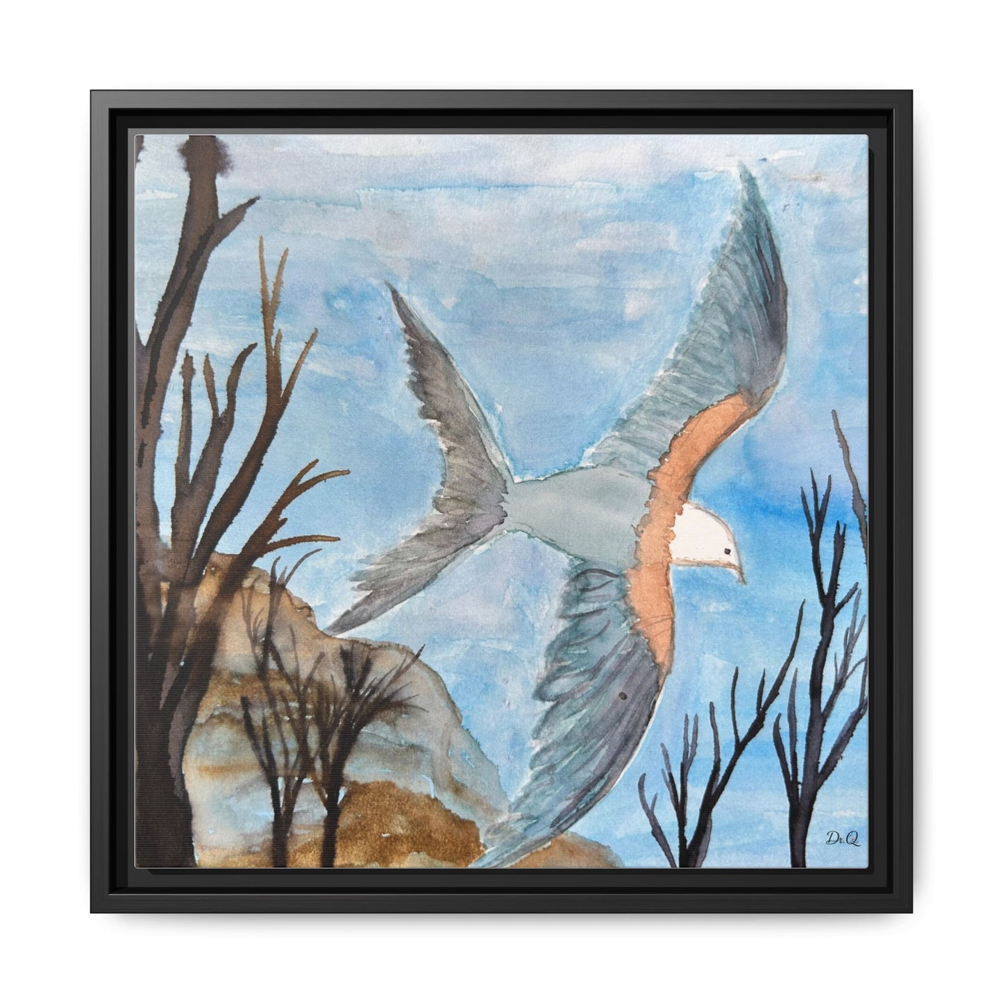 Framed Matte Canvas Wall Art — Soaring Seagull Coastal Print
