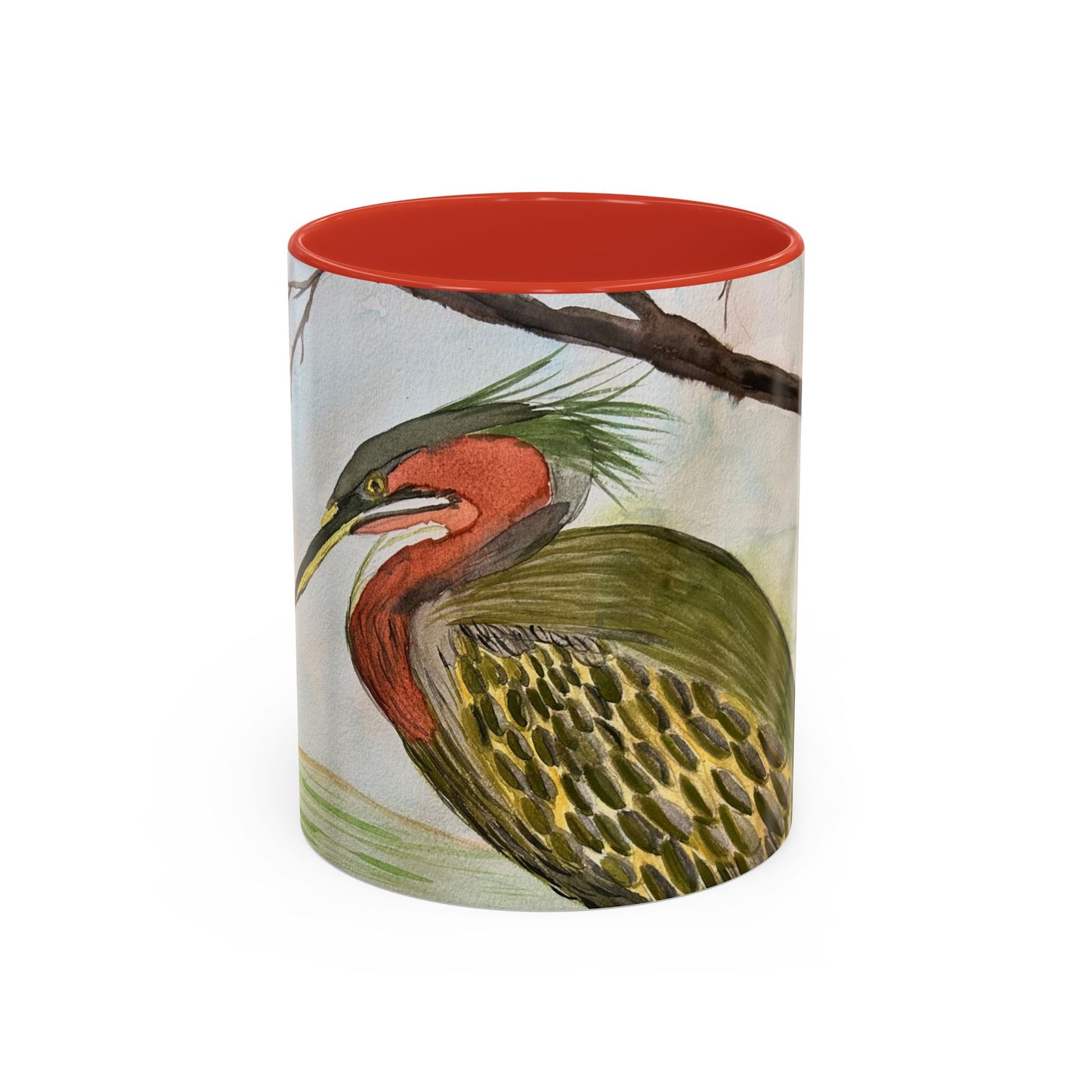 Green Heron Watercolor Accent Coffee Mug — Nature Bird Watercolor (11/15oz)