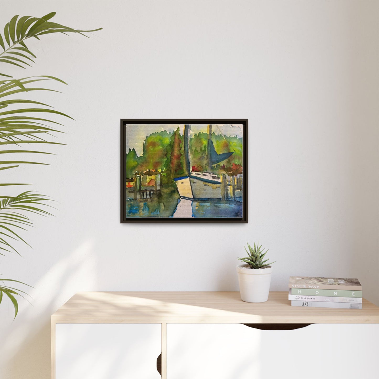 Sailboat Harbor Watercolor — Framed Matte Canvas Wall Art