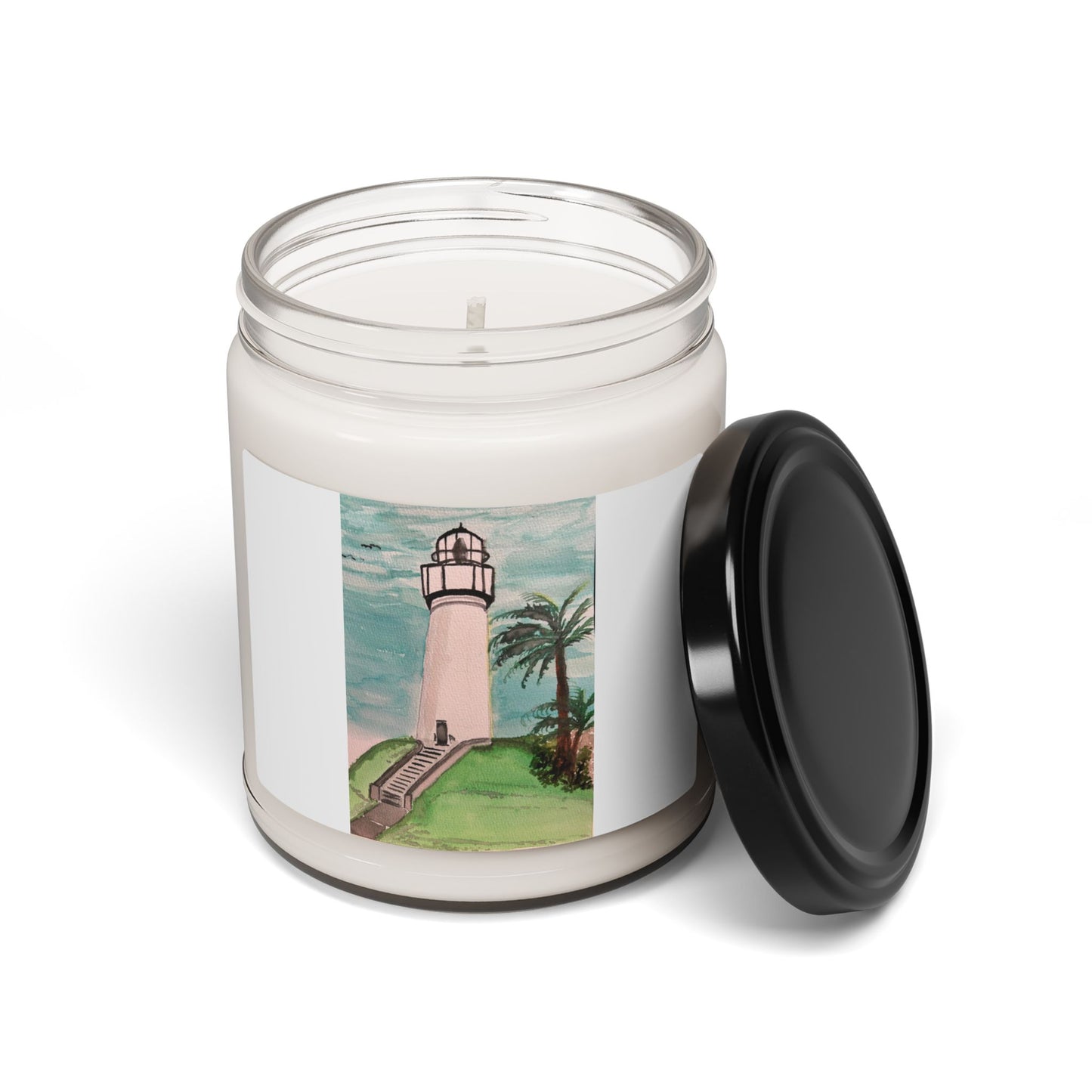Coastal Lighthouse Soy Candle — 9oz Scented Jar (Beachy Palm & Sea Breeze)