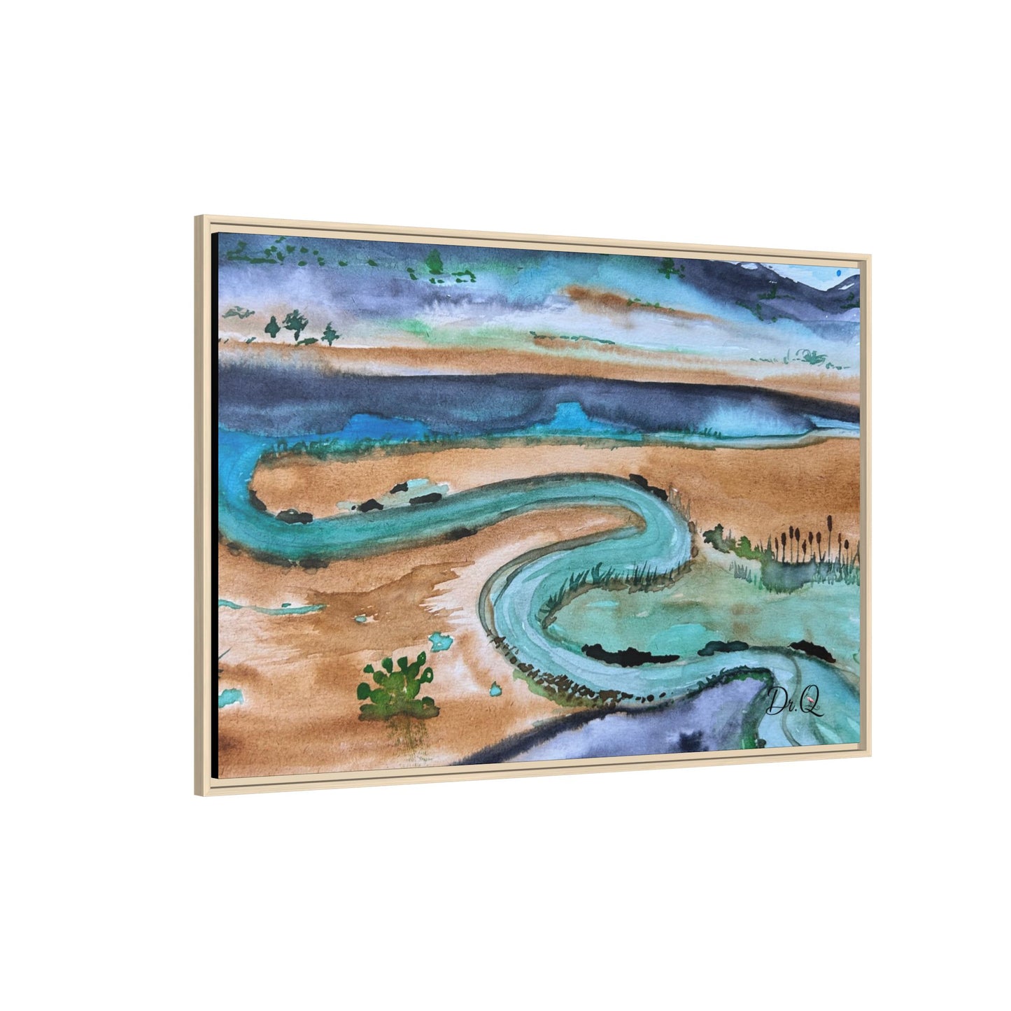 Winding River by Dr. Q - Framed Matte Canvas Watercolor Wall Art