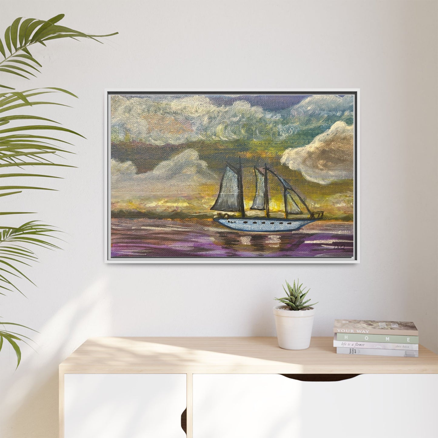 Framed Matte Canvas Sailboat Painting — Serene Seascape Wall Art
