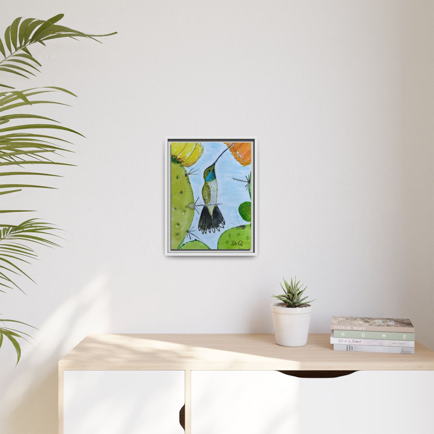 Framed Hummingbird Cactus Watercolor Print on Canvas by Dr. Q — Floral Desert Wall Art