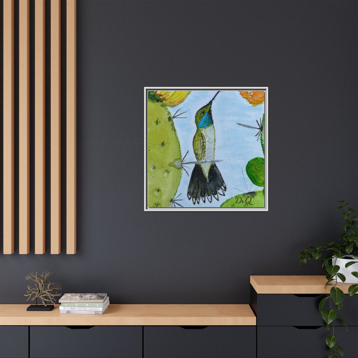 Framed Hummingbird Cactus Watercolor Print on Canvas by Dr. Q — Floral Desert Wall Art