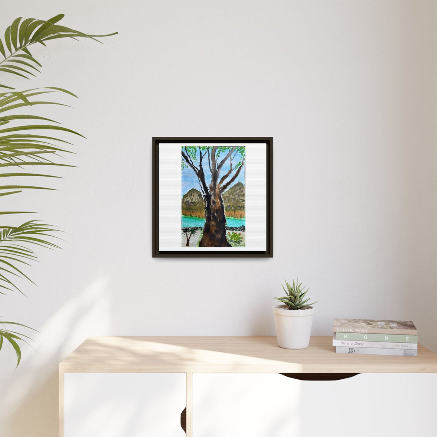 Tranquil Lakeside Tree Watercolor - Framed Matte Canvas Print by Dr. Q