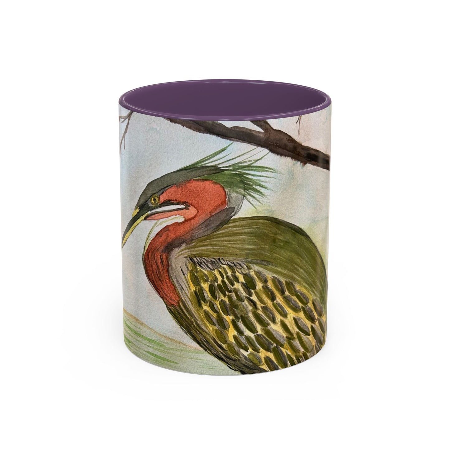 Green Heron Watercolor Accent Coffee Mug — Nature Bird Watercolor (11/15oz)
