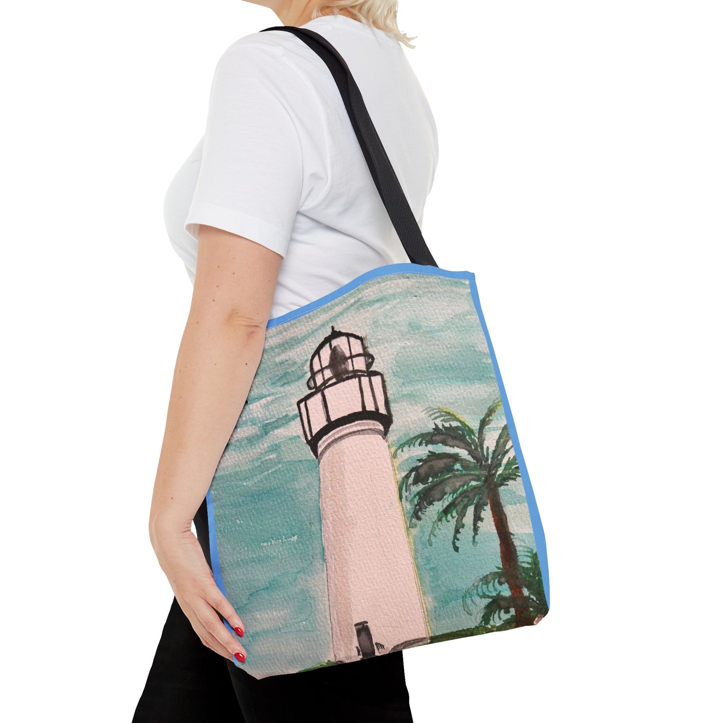 Coastal Lighthouse Tote Bag — Beachy Palm Print All-Over-Print Tote