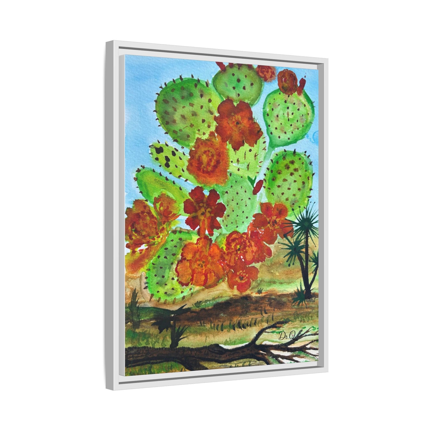 Prickly Pear Cactus Framed Canvas Print — Vertical Botanical Wall Art
