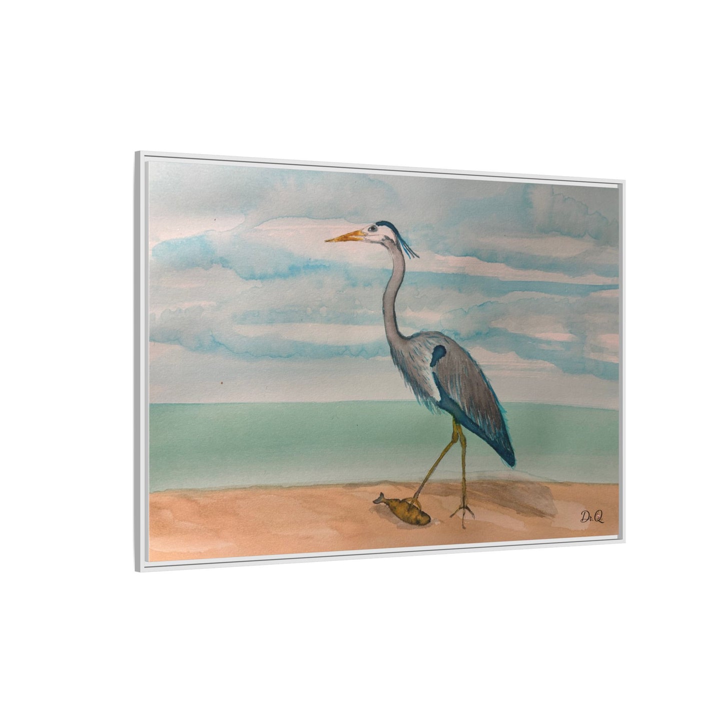 Framed Heron Beach Matte Canvas — Coastal Watercolor Wall Art