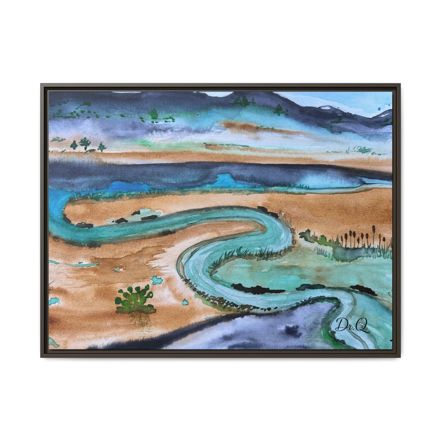 Winding River by Dr. Q - Framed Matte Canvas Watercolor Wall Art