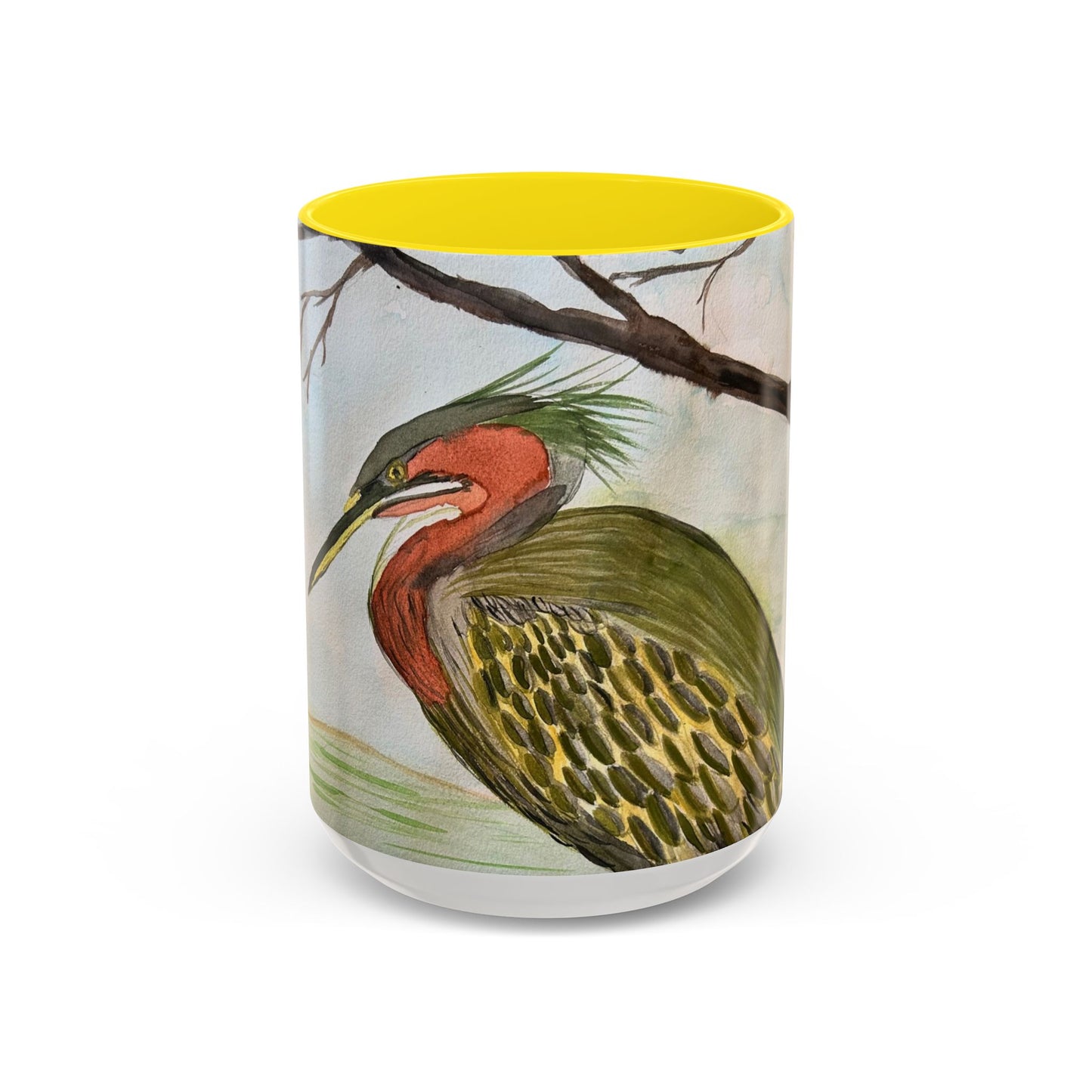 Green Heron Watercolor Accent Coffee Mug — Nature Bird Watercolor (11/15oz)