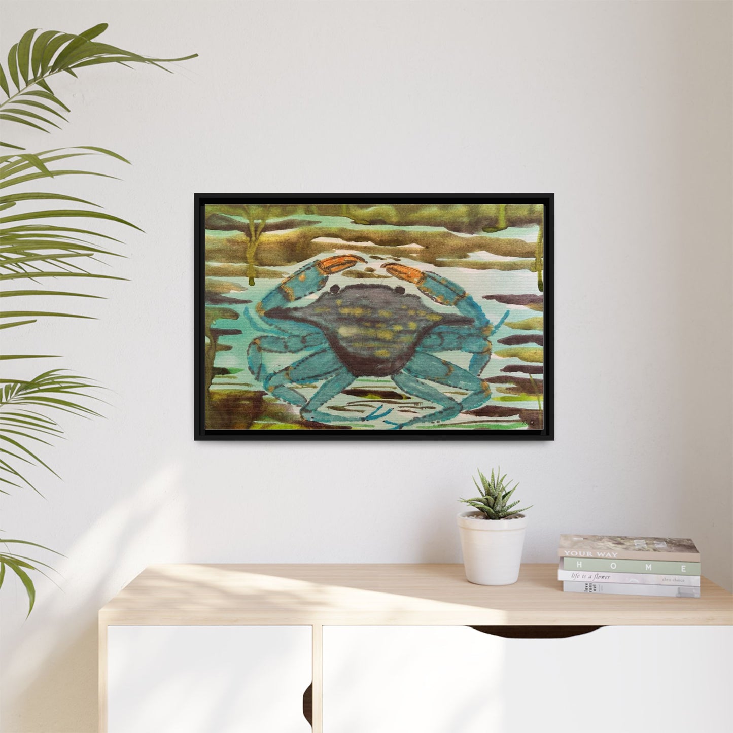 Blue Crab Coastal Art Print — Matte Framed Canvas