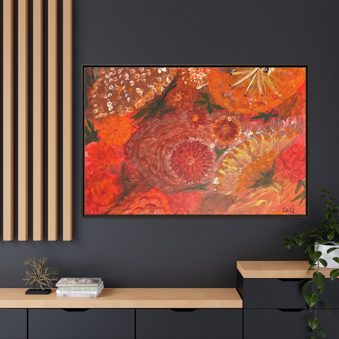 "Floral Burst" Abstract Red Floral Matte Canvas Framed Wall Art