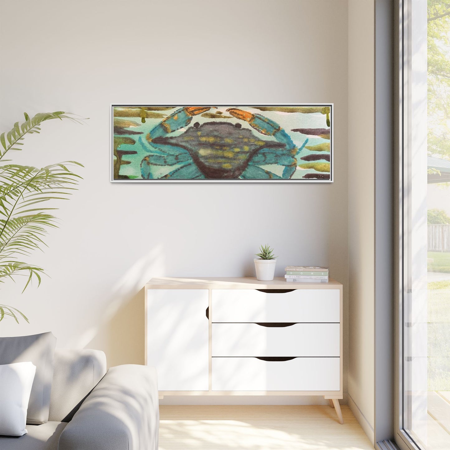 Blue Crab Coastal Art Print — Matte Framed Canvas