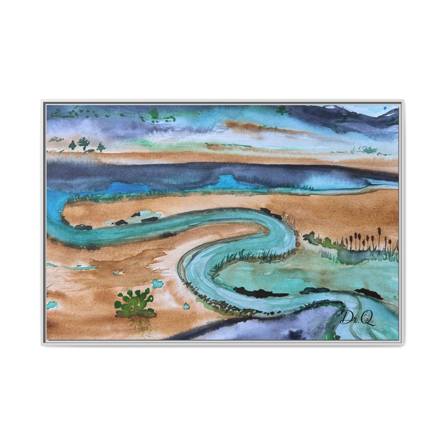 Winding River by Dr. Q - Framed Matte Canvas Watercolor Wall Art