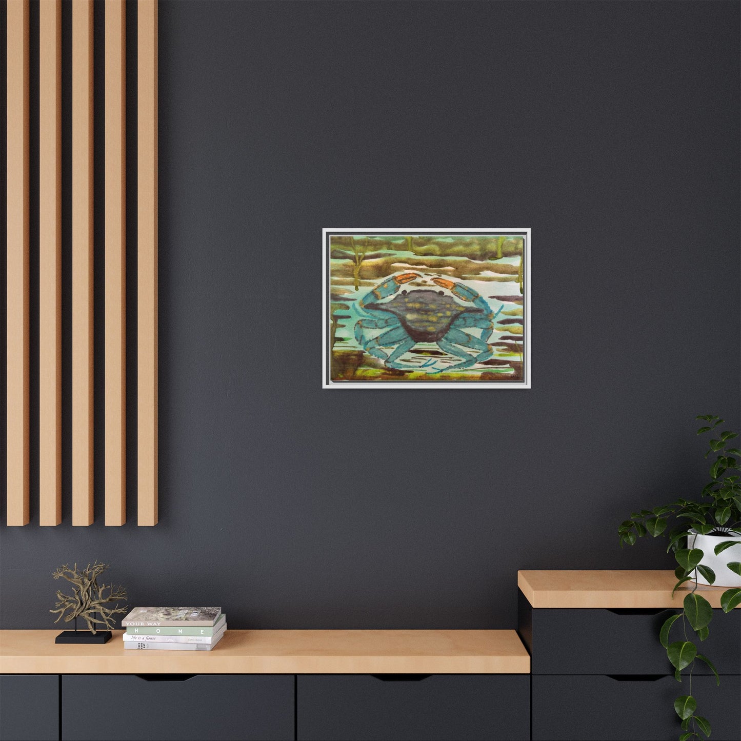 Blue Crab Coastal Art Print — Matte Framed Canvas