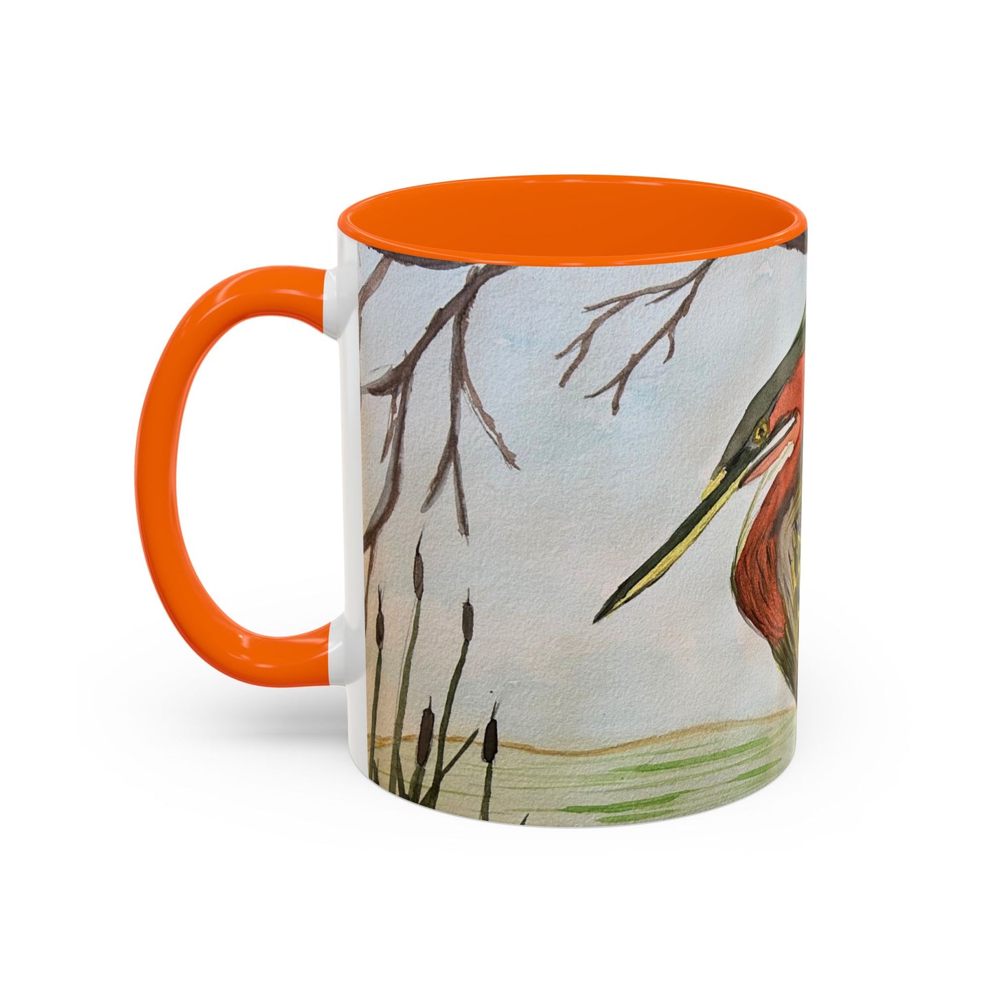 Green Heron Watercolor Accent Coffee Mug — Nature Bird Watercolor (11/15oz)