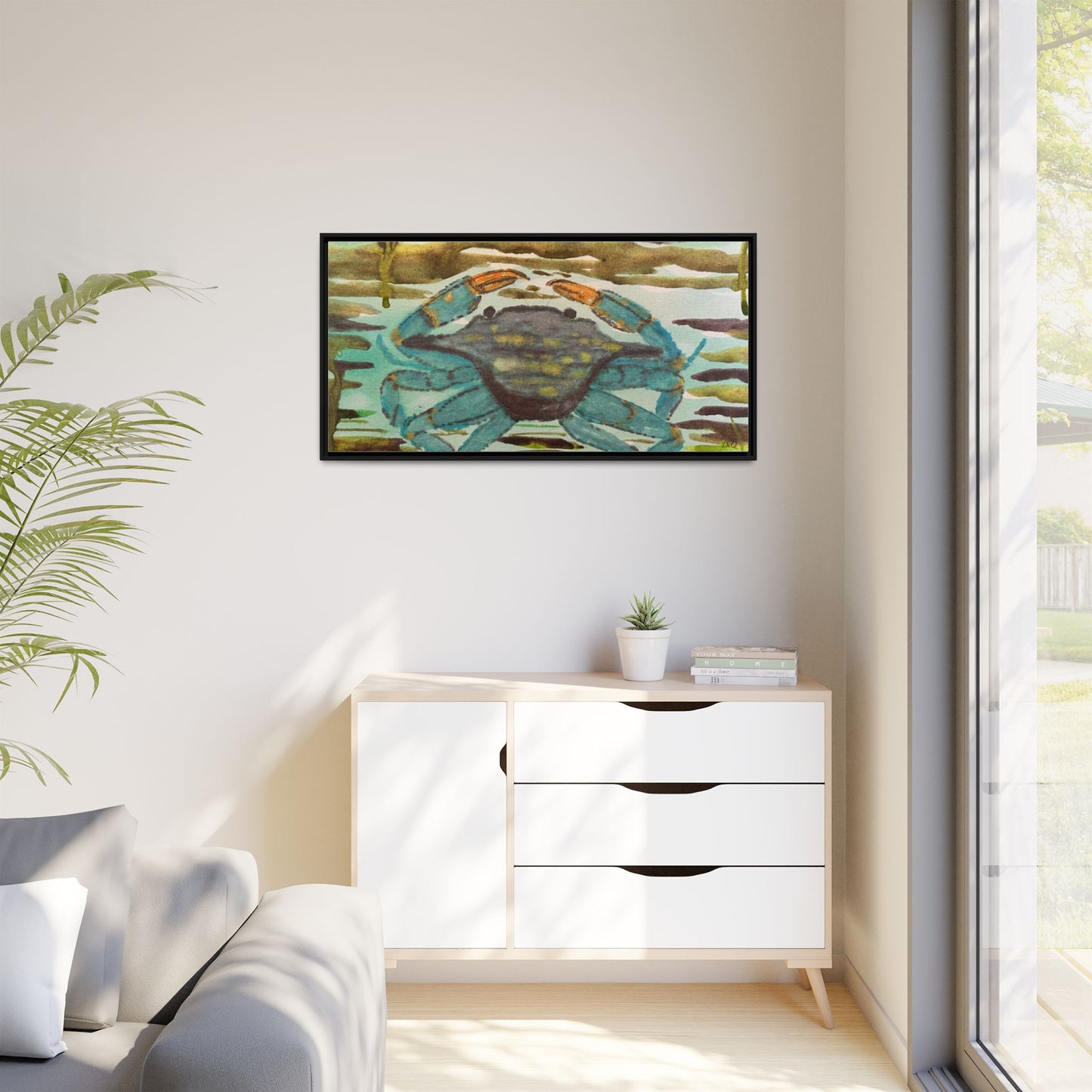 Blue Crab Coastal Art Print — Matte Framed Canvas