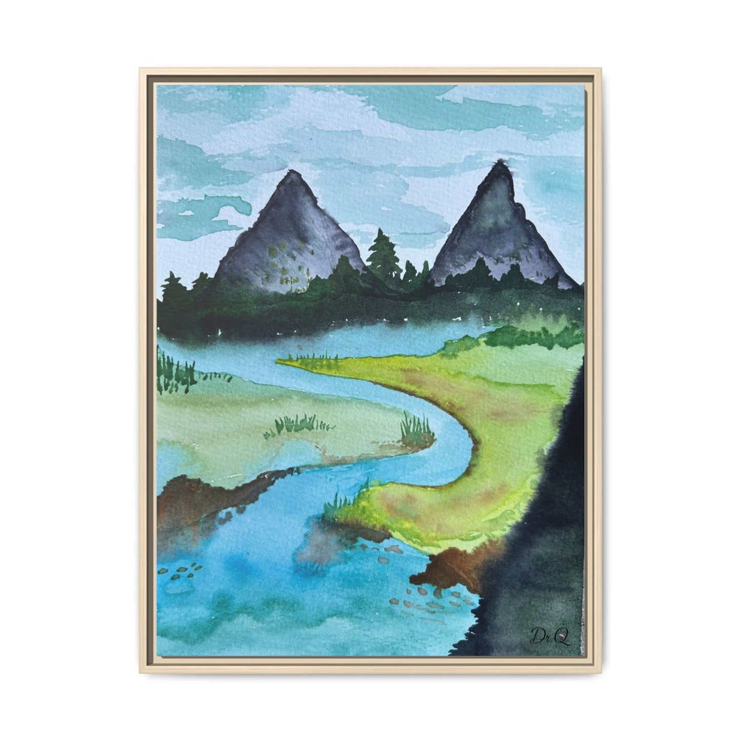 Mountain River Framed Canvas Watercolor Print by Dr. Q
