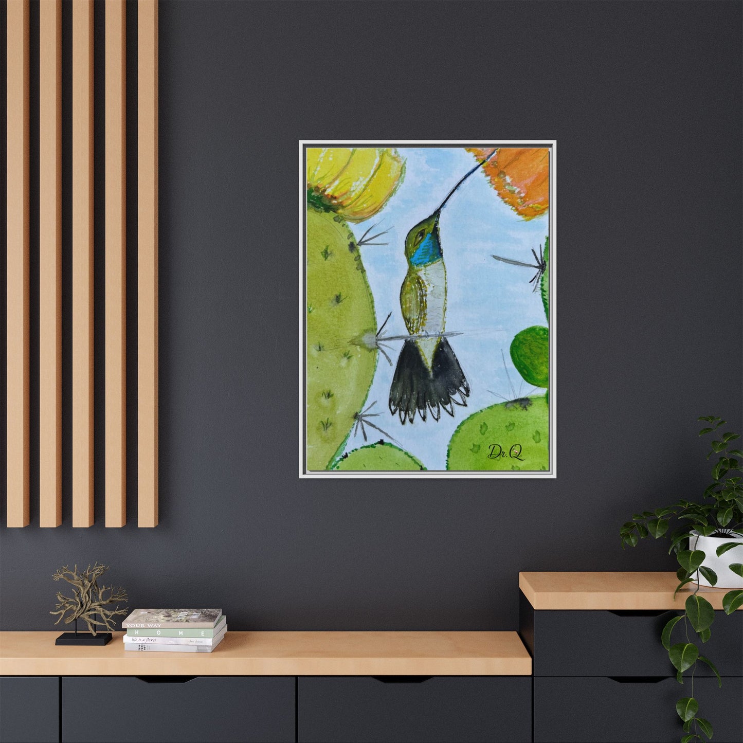 Framed Hummingbird Cactus Watercolor Print on Canvas by Dr. Q — Floral Desert Wall Art