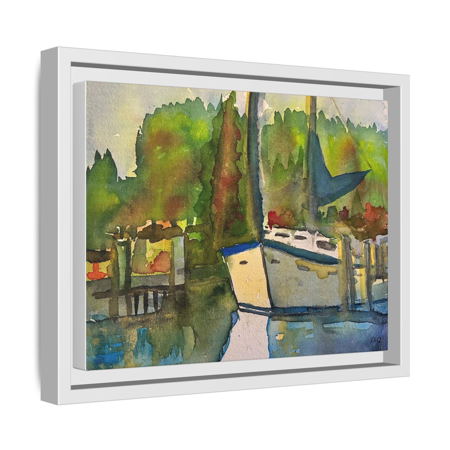 Sailboat Harbor Watercolor — Framed Matte Canvas Wall Art