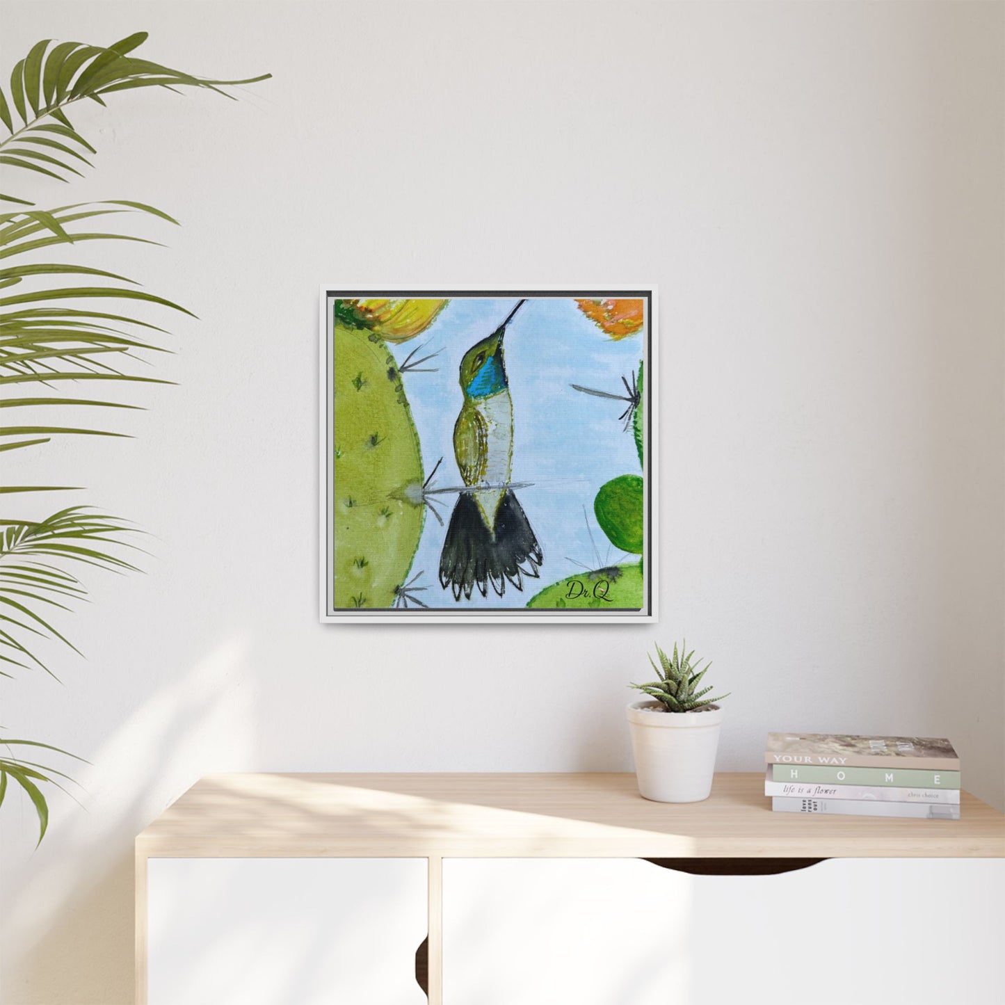 Framed Hummingbird Cactus Watercolor Print on Canvas by Dr. Q — Floral Desert Wall Art