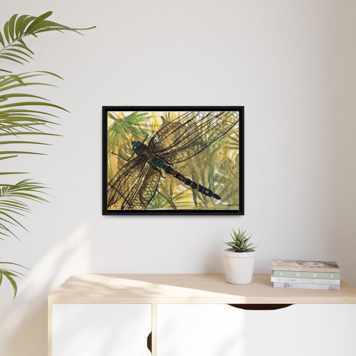 Dragonfly Framed Canvas Art — Botanical Watercolor Wall Decor