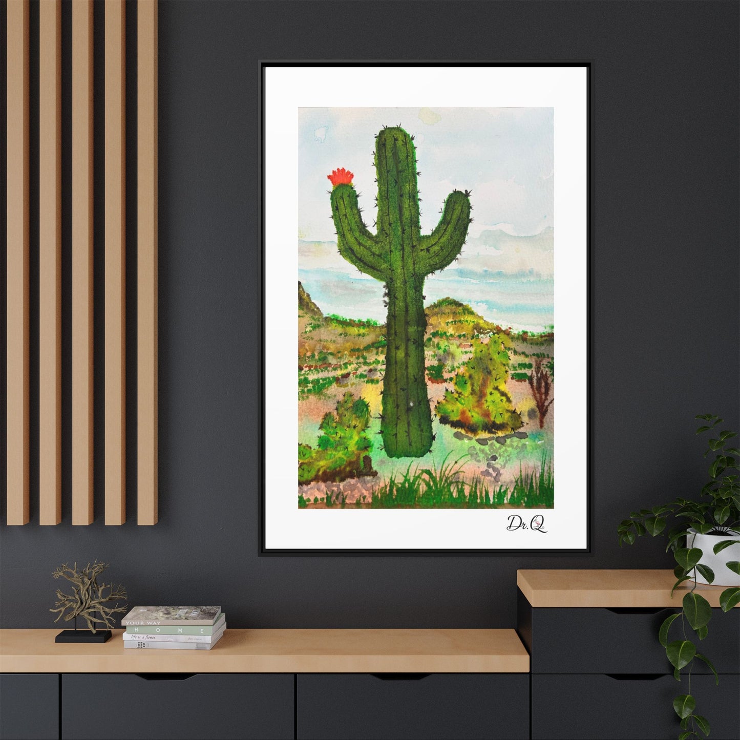 Framed Cactus Canvas Print — Desert Watercolor Wall Art