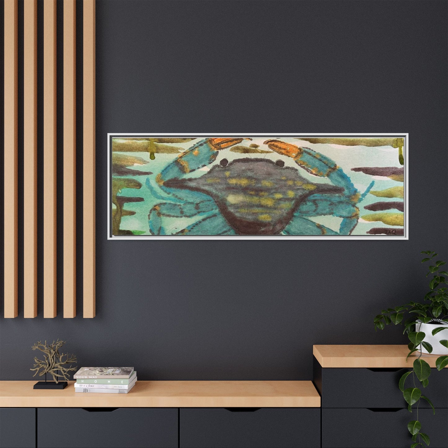 Blue Crab Coastal Art Print — Matte Framed Canvas