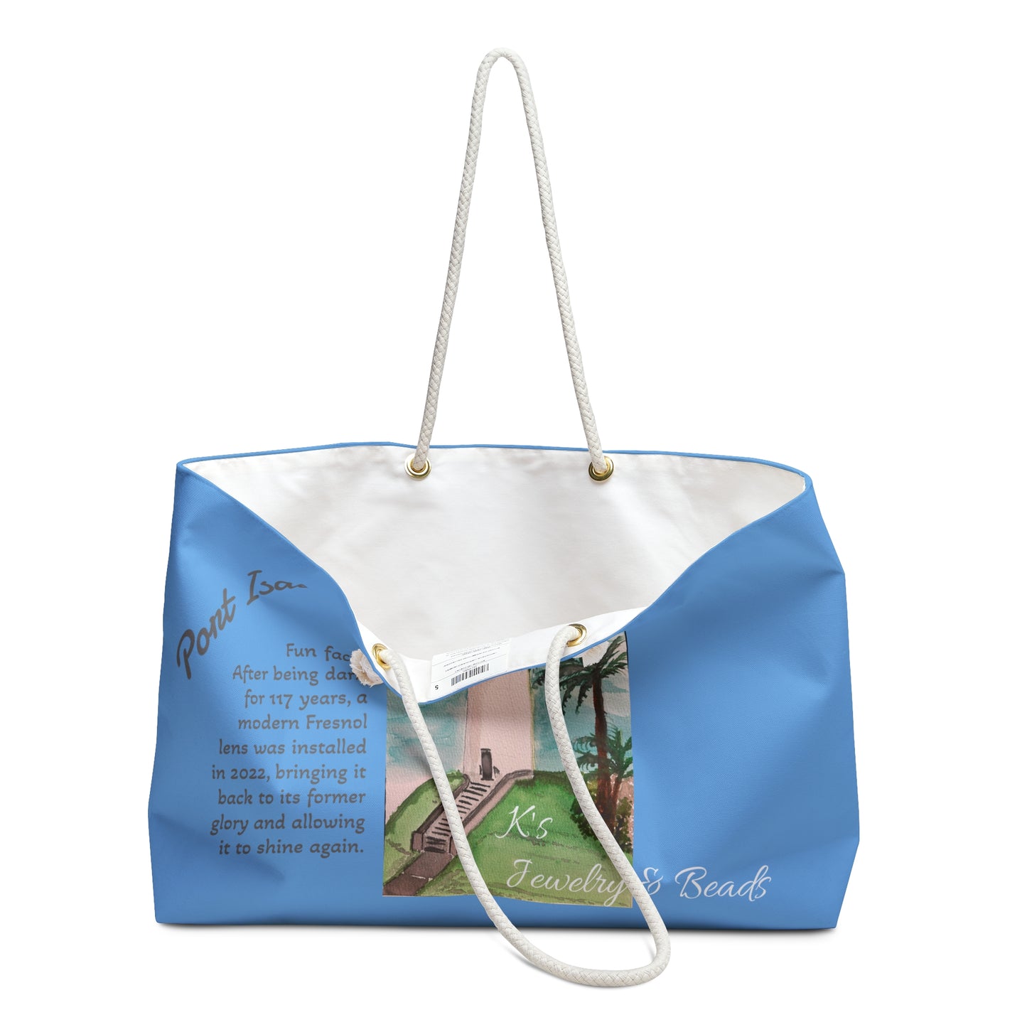 K's Jewelry & Beads - Port Isabel, TX Coastal Lighthouse Weekender Bag – Nautical Travel Tote with Palm Beach Artwork