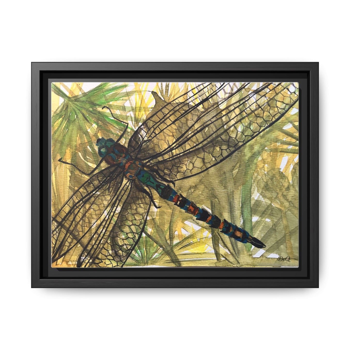 Dragonfly Framed Canvas Art — Botanical Watercolor Wall Decor