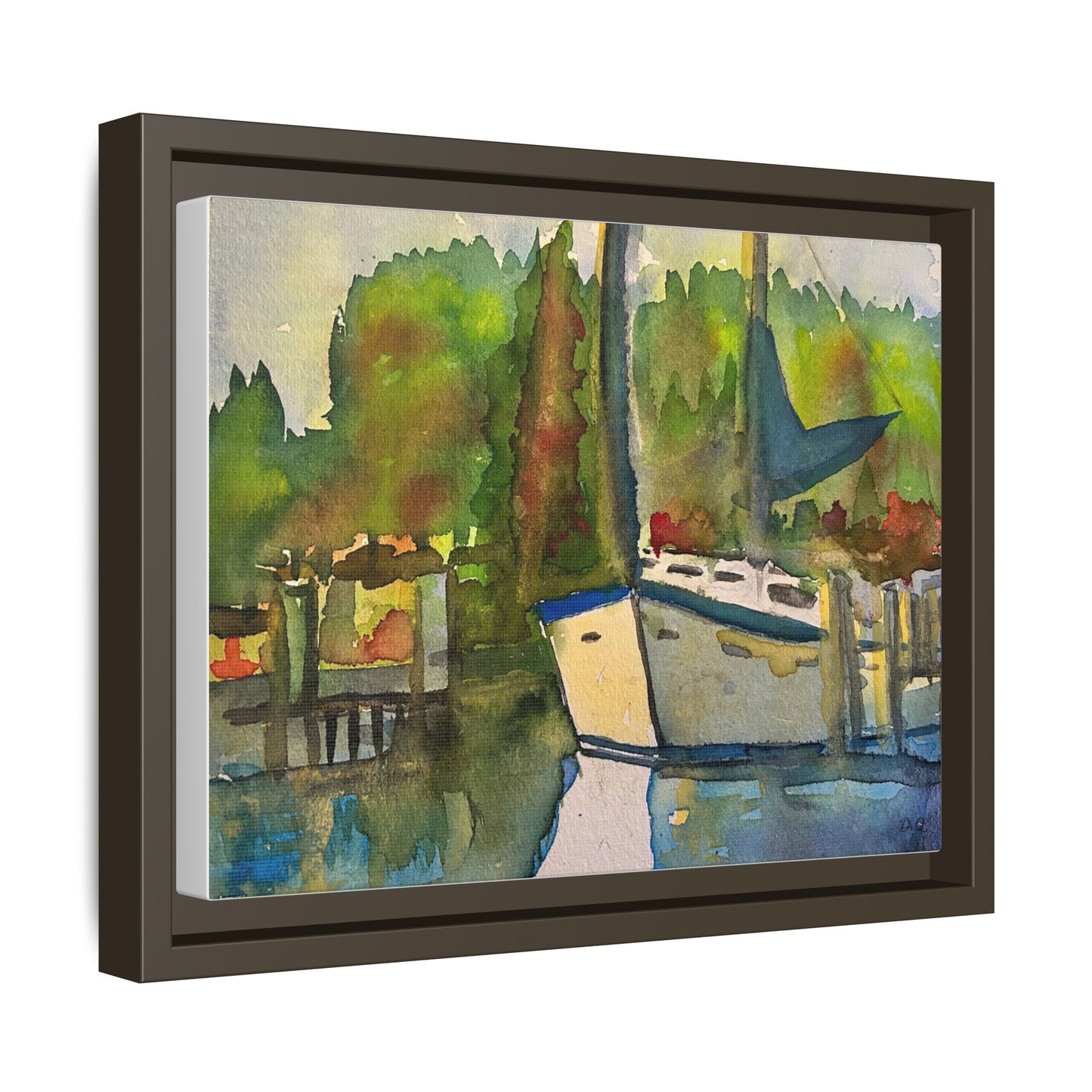 Sailboat Harbor Watercolor — Framed Matte Canvas Wall Art