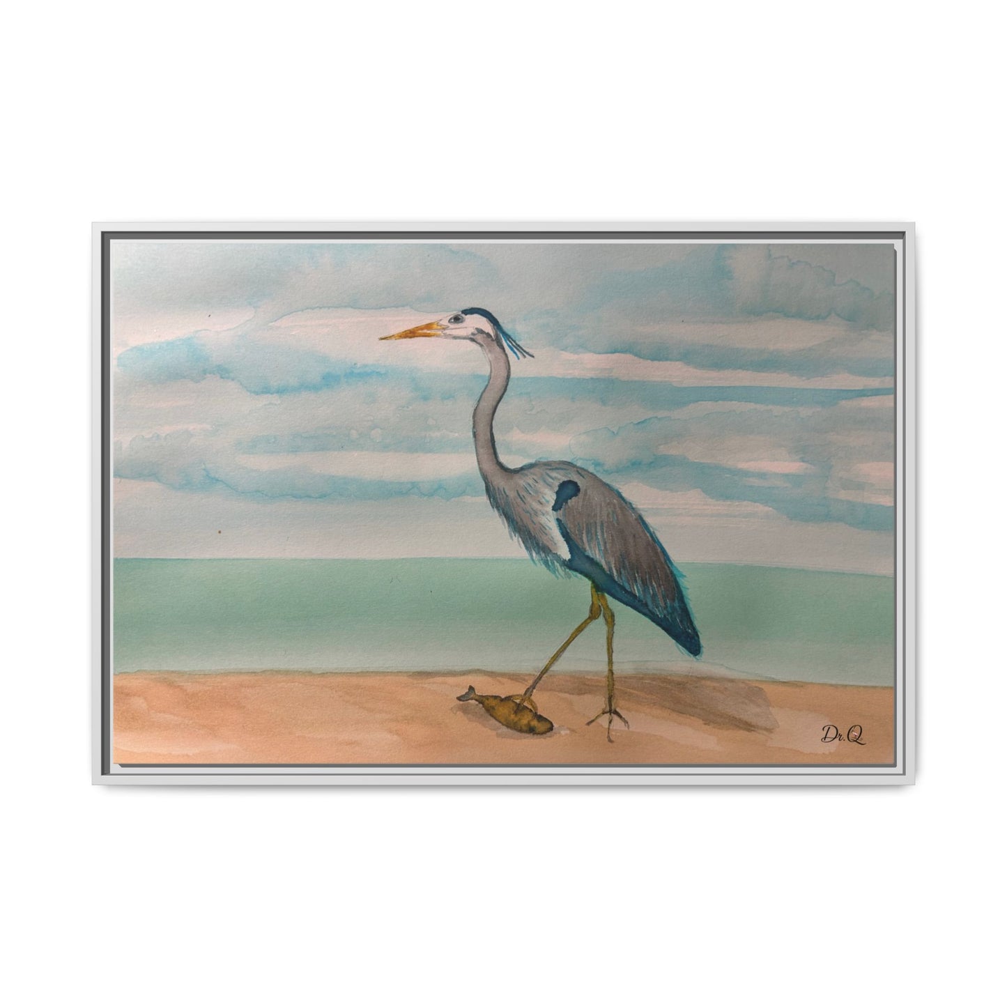 Framed Heron Beach Matte Canvas — Coastal Watercolor Wall Art