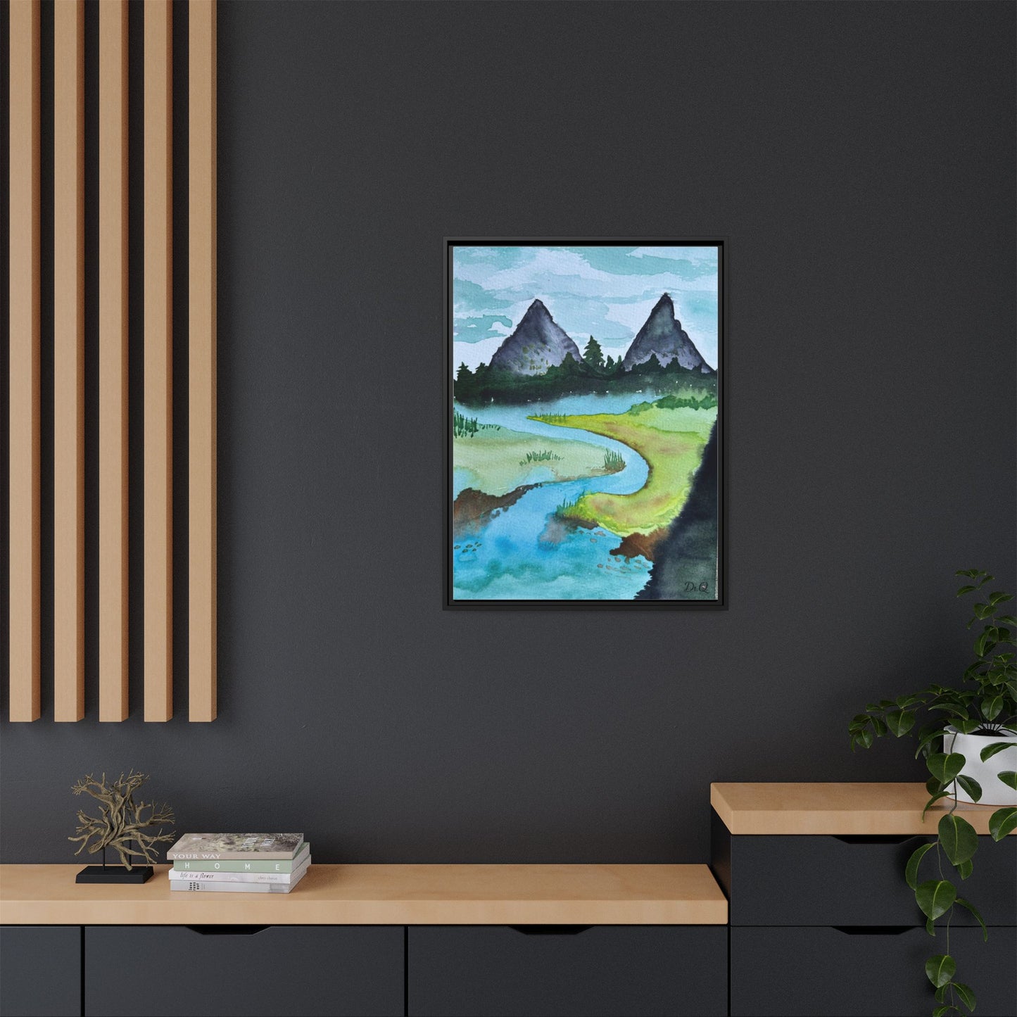 Mountain River Framed Canvas Watercolor Print by Dr. Q